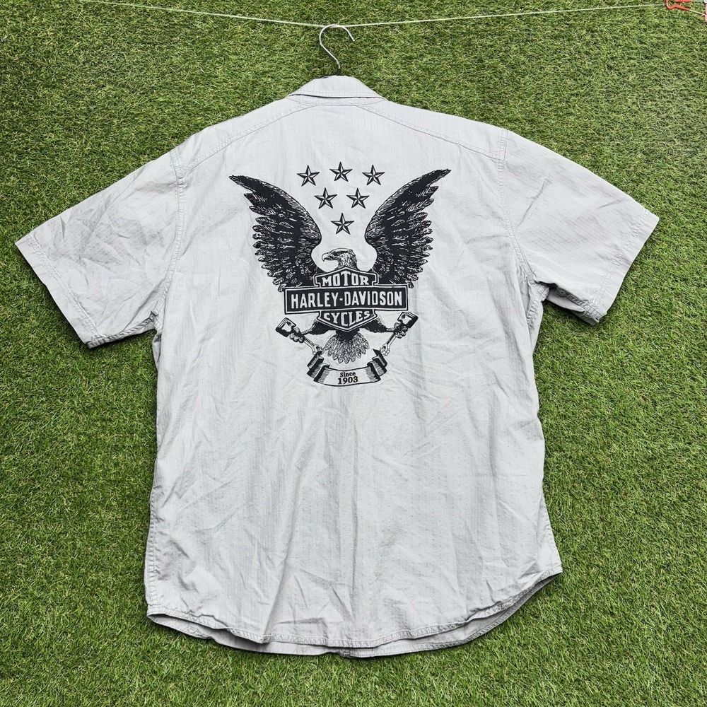Harley Davidson Button Up Shirt Mens XL Gray Eagle Graphic Motorcycle Mechanic